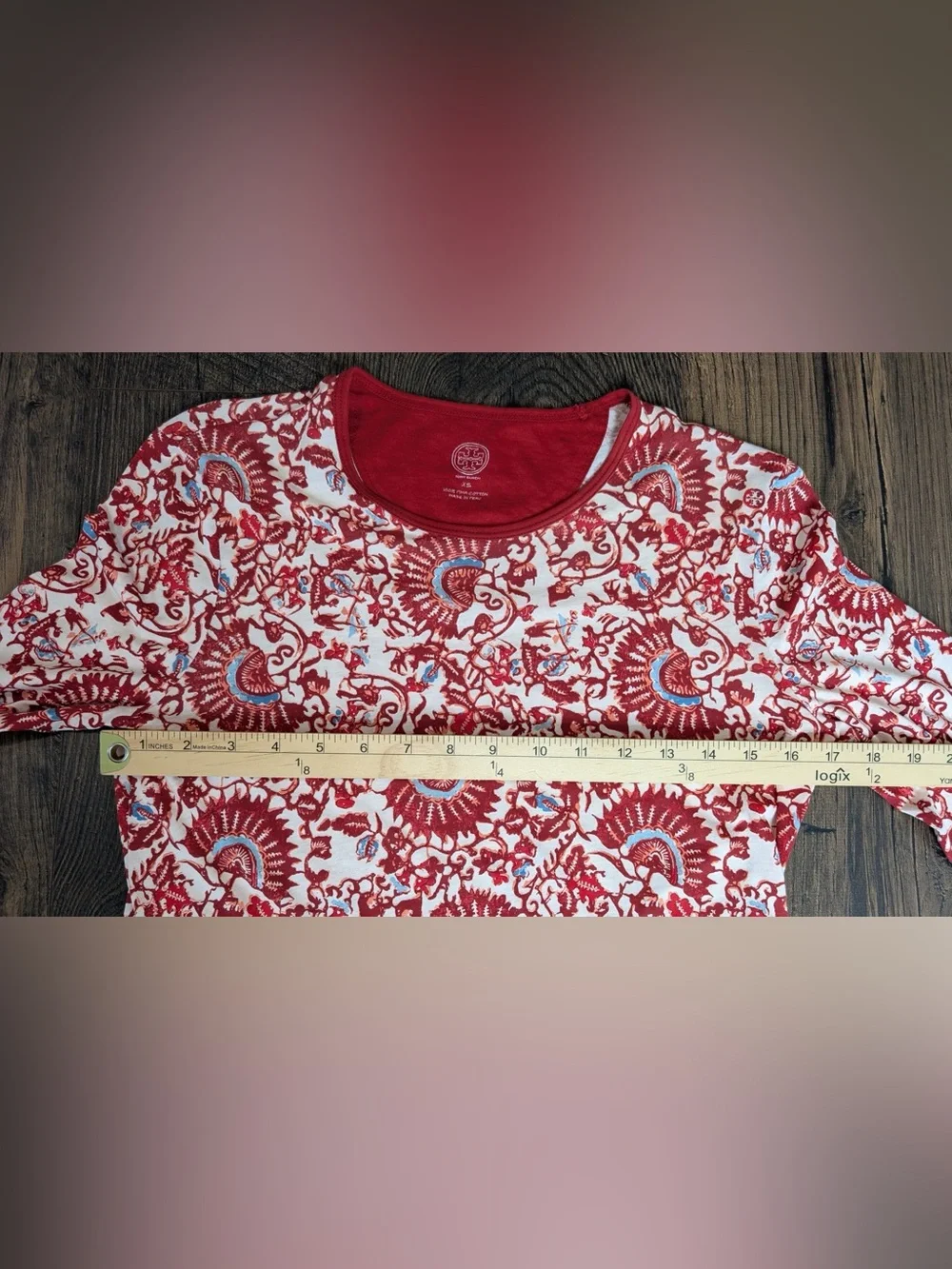 Tory Burch Long Sleeve Floral Print Crew Neck Pima Cotton Top Red Multi Size XS